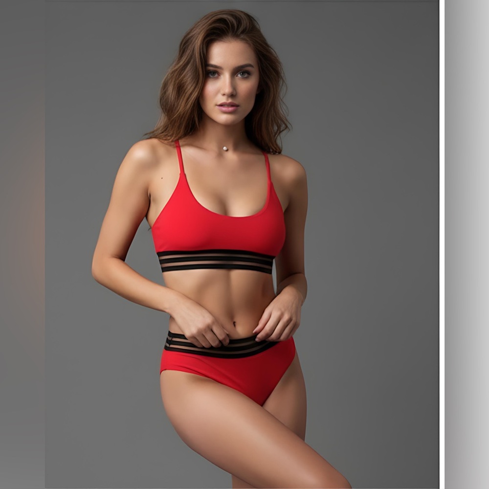 Red Contrast Mesh High Waisted Bikini Swimsuit - Picture 3 of 8